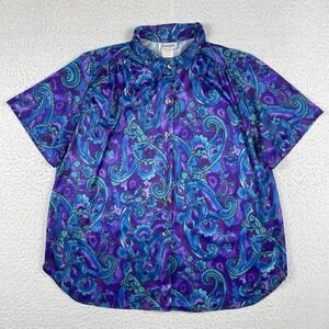 Vintage‎ Joanna Blouse Womens XL Purple Blue Paisley Boho Workwear Travel Casual